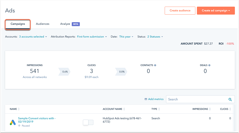 Ads Dashboards in HubSpot